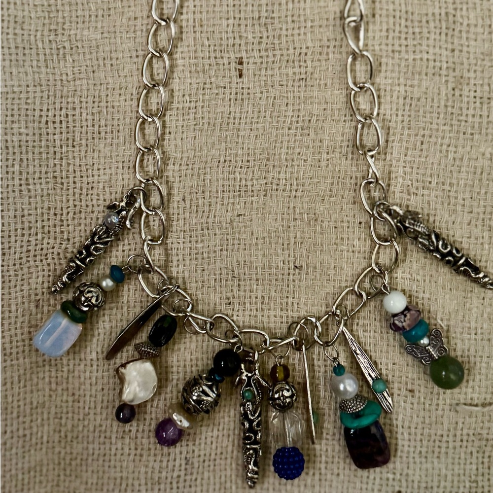 Silver Charm Necklace with Multicolor Accents